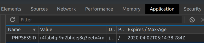 dev tools application displaying php session cookie